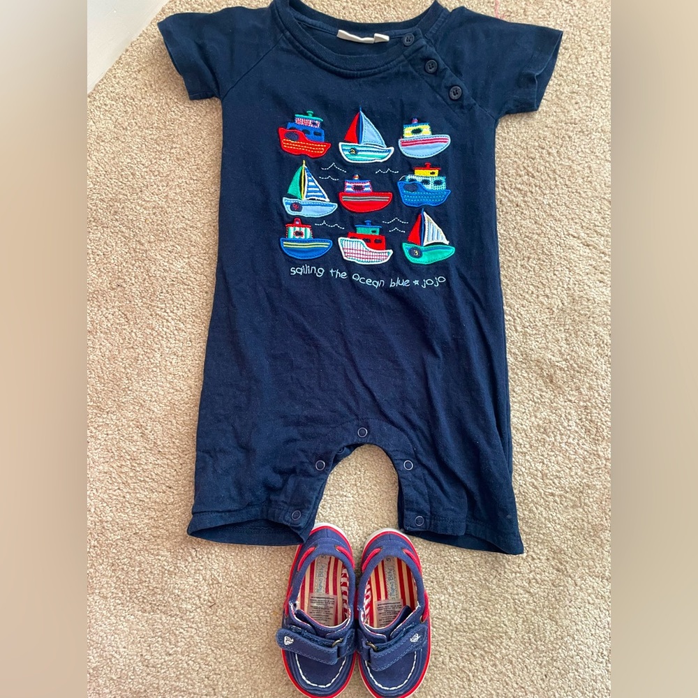 Jojo maman bebe shorts romper and matching shoes set.